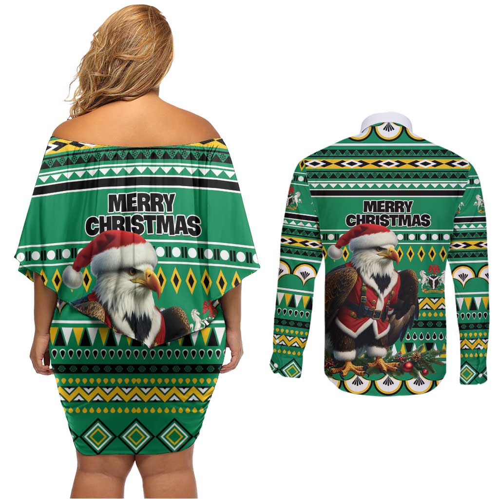Nigeria Christmas Couples Matching Off Shoulder Short Dress and Long Sleeve Button Shirt Eagle Santa African Pattern - Wonder Print Shop