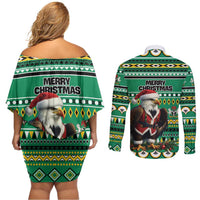 Nigeria Christmas Couples Matching Off Shoulder Short Dress and Long Sleeve Button Shirt Eagle Santa African Pattern - Wonder Print Shop