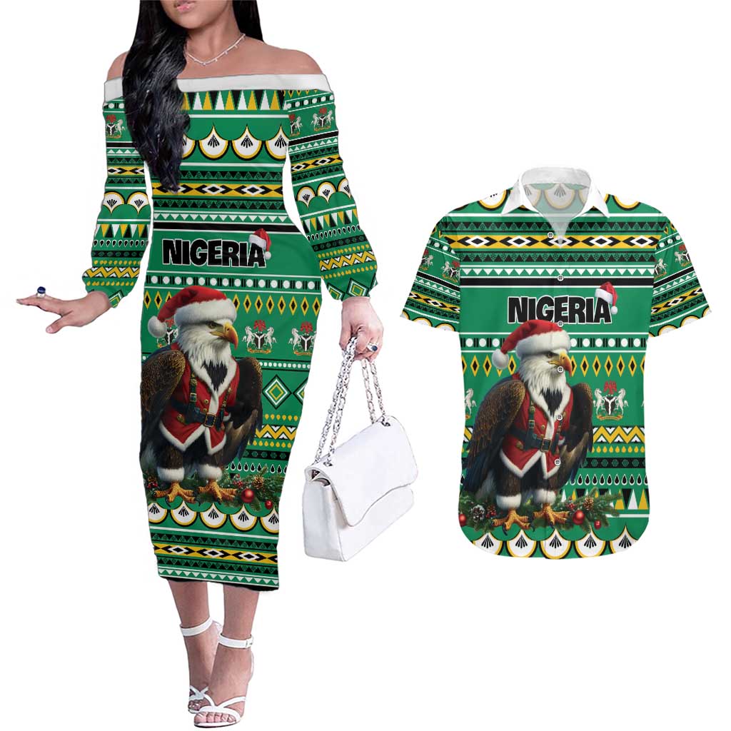 Nigeria Christmas Couples Matching Off The Shoulder Long Sleeve Dress and Hawaiian Shirt Eagle Santa African Pattern - Wonder Print Shop