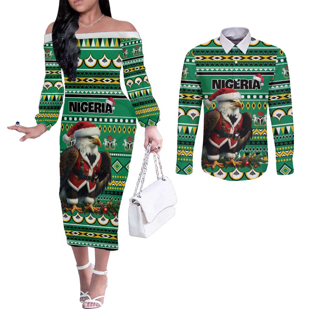 Nigeria Christmas Couples Matching Off The Shoulder Long Sleeve Dress and Long Sleeve Button Shirt Eagle Santa African Pattern