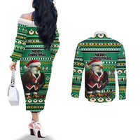Nigeria Christmas Couples Matching Off The Shoulder Long Sleeve Dress and Long Sleeve Button Shirt Eagle Santa African Pattern