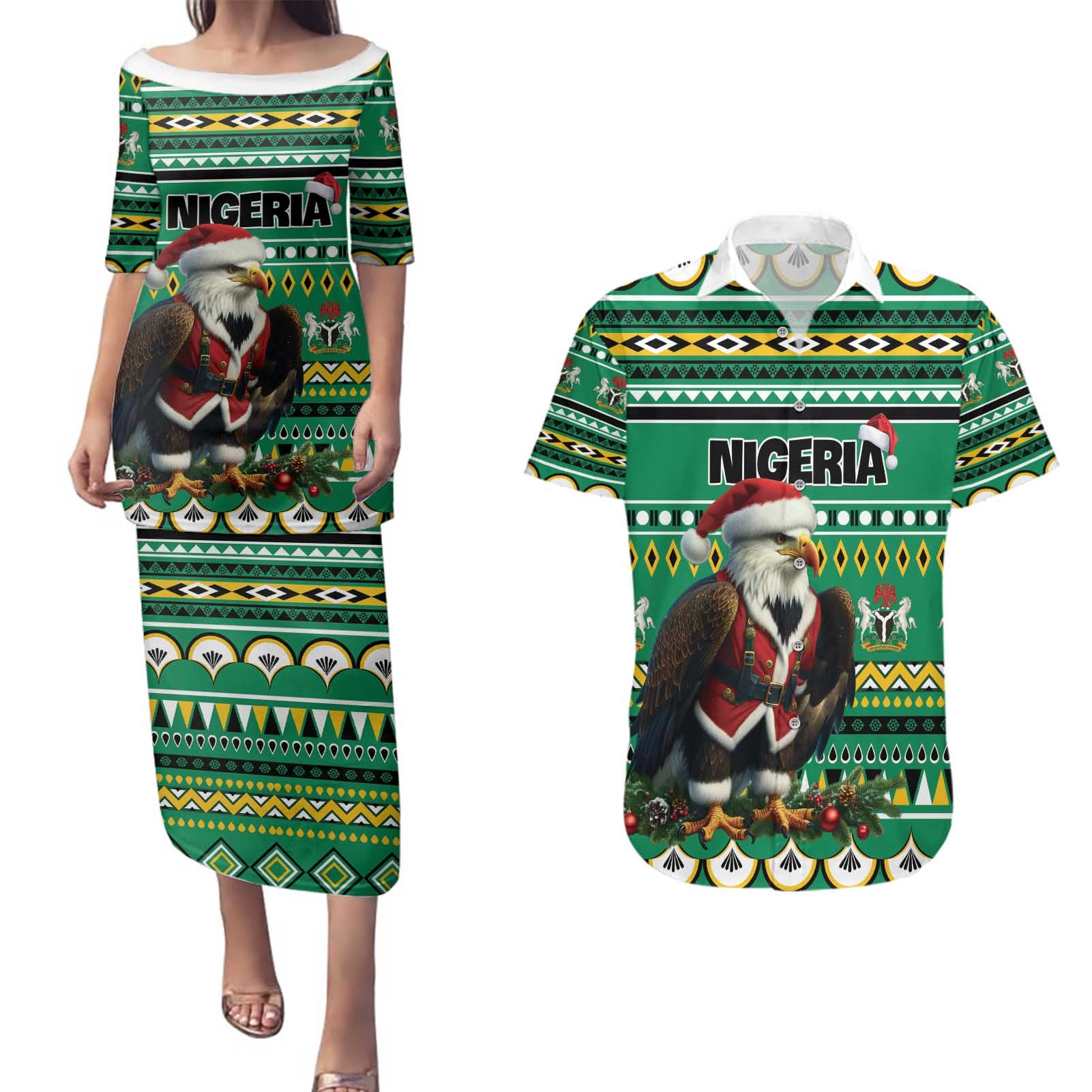 Nigeria Christmas Couples Matching Puletasi and Hawaiian Shirt Eagle Santa African Pattern - Wonder Print Shop