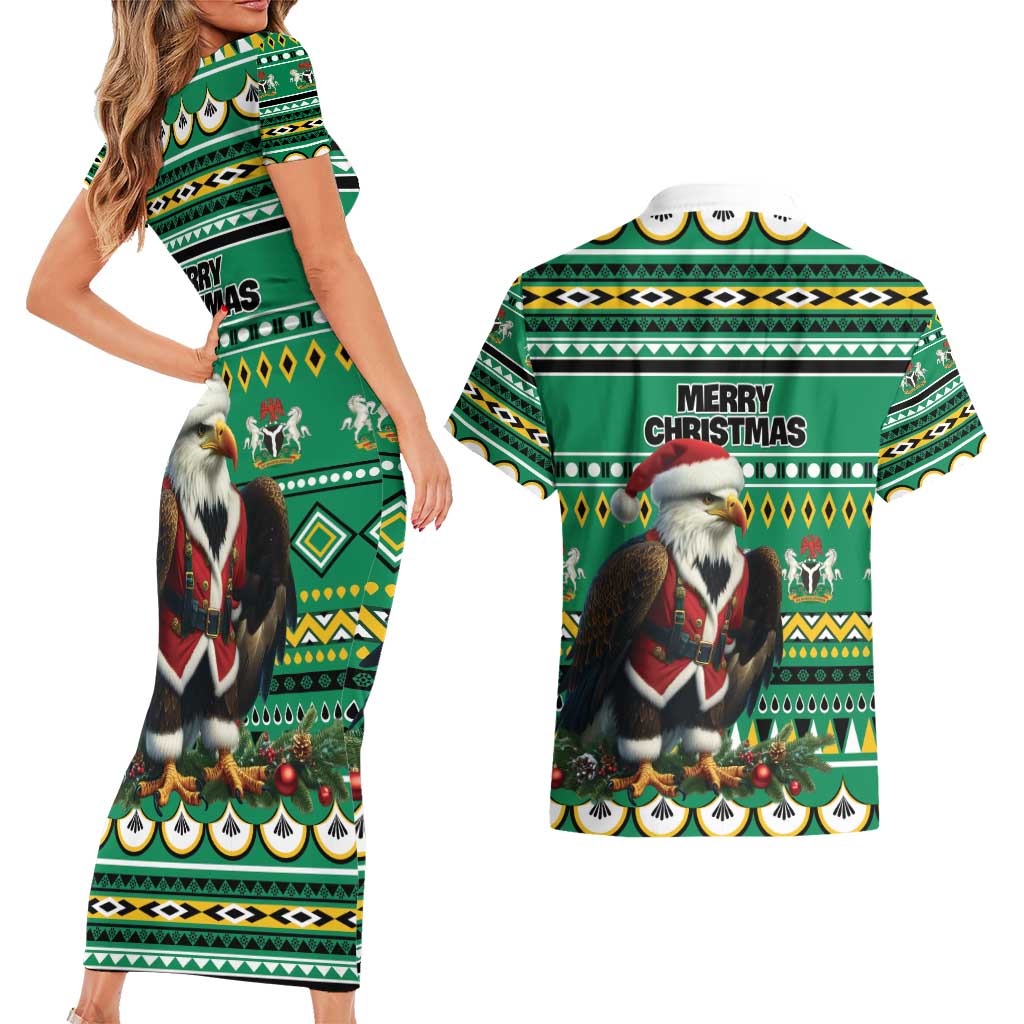 Nigeria Christmas Couples Matching Short Sleeve Bodycon Dress and Hawaiian Shirt Eagle Santa African Pattern - Wonder Print Shop