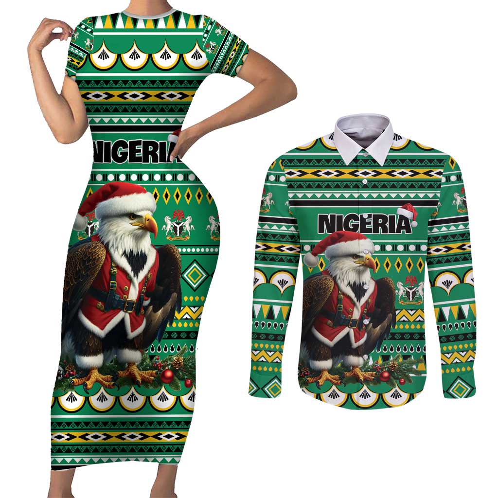 Nigeria Christmas Couples Matching Short Sleeve Bodycon Dress and Long Sleeve Button Shirt Eagle Santa African Pattern - Wonder Print Shop