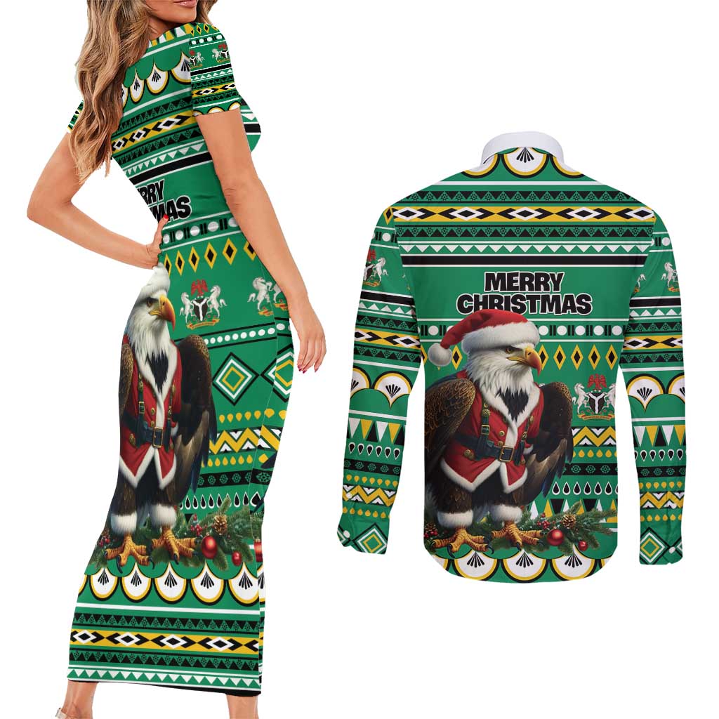 Nigeria Christmas Couples Matching Short Sleeve Bodycon Dress and Long Sleeve Button Shirt Eagle Santa African Pattern - Wonder Print Shop