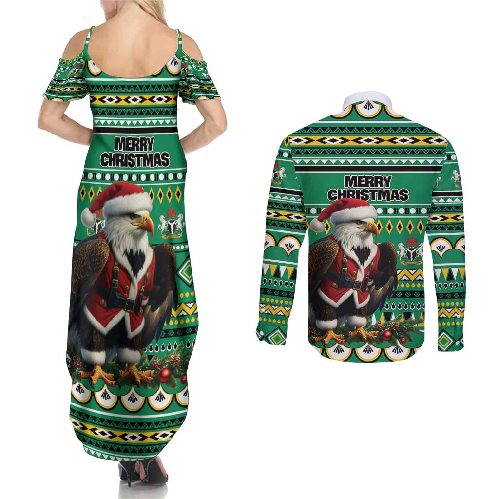 Nigeria Christmas Couples Matching Summer Maxi Dress and Long Sleeve Button Shirt Eagle Santa African Pattern - Wonder Print Shop