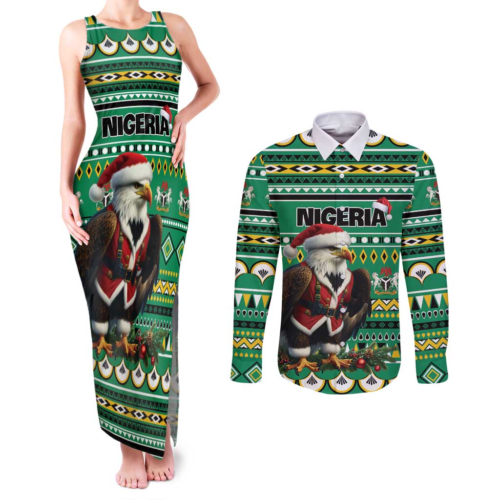 Nigeria Christmas Couples Matching Tank Maxi Dress and Long Sleeve Button Shirt Eagle Santa African Pattern - Wonder Print Shop