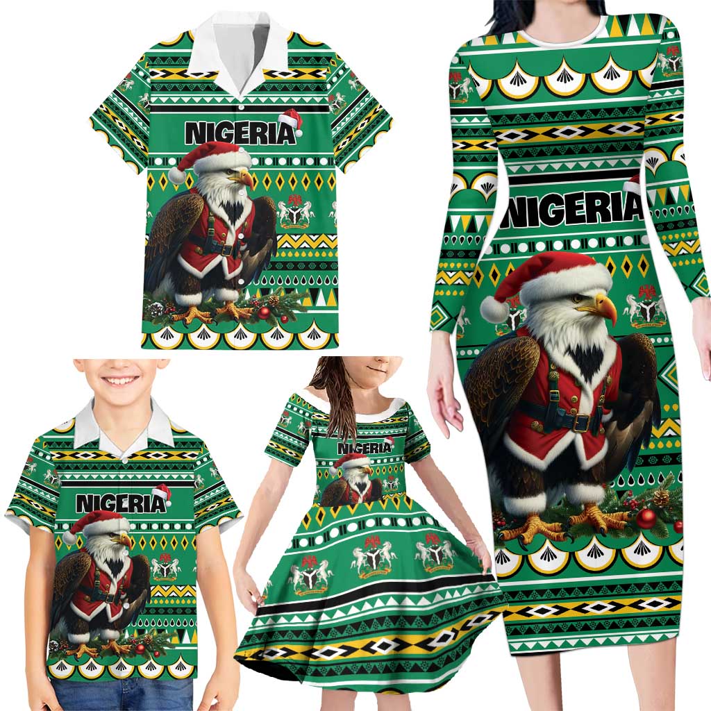 Nigeria Christmas Family Matching Long Sleeve Bodycon Dress and Hawaiian Shirt Eagle Santa African Pattern - Wonder Print Shop