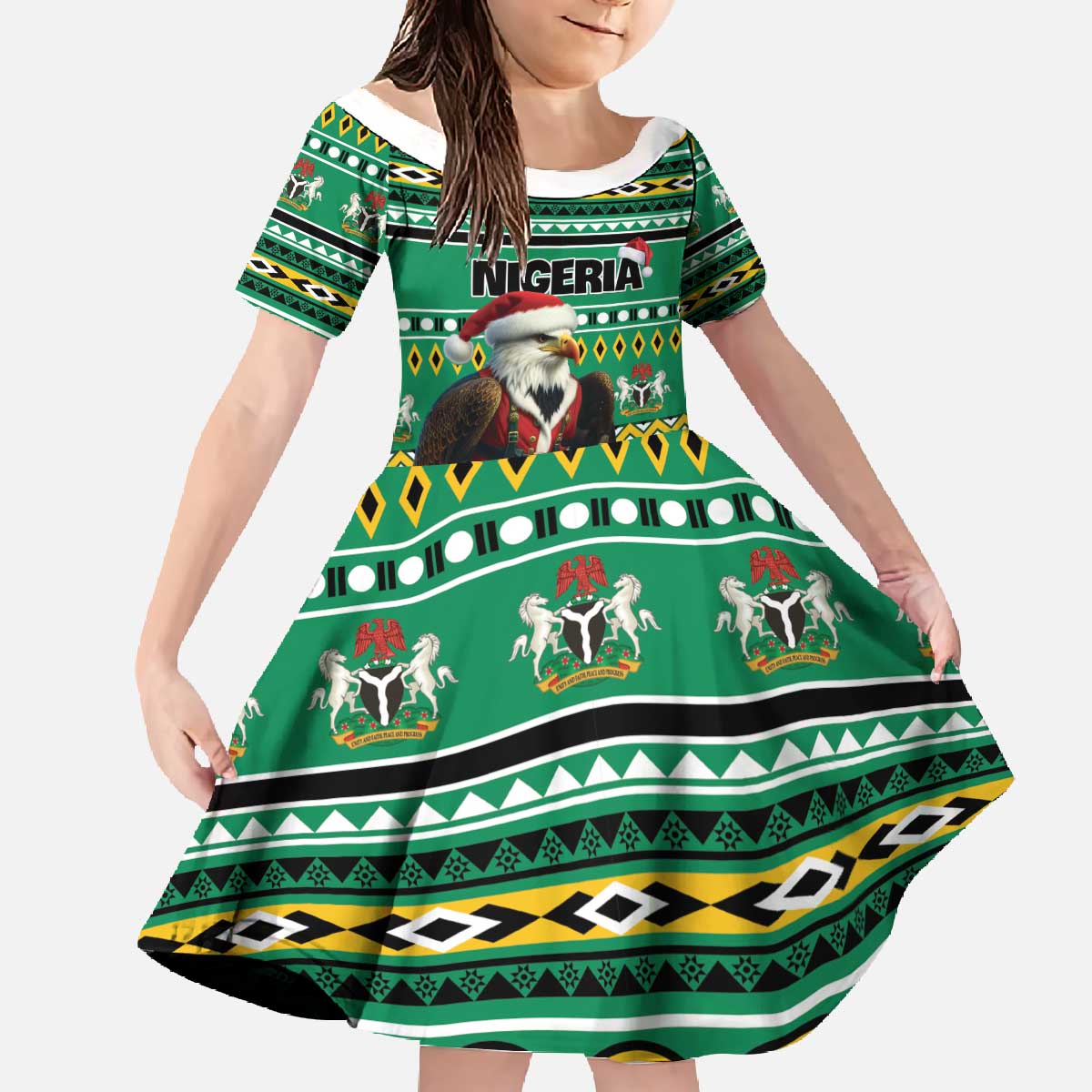 Nigeria Christmas Family Matching Off The Shoulder Long Sleeve Dress and Hawaiian Shirt Eagle Santa African Pattern - Wonder Print Shop