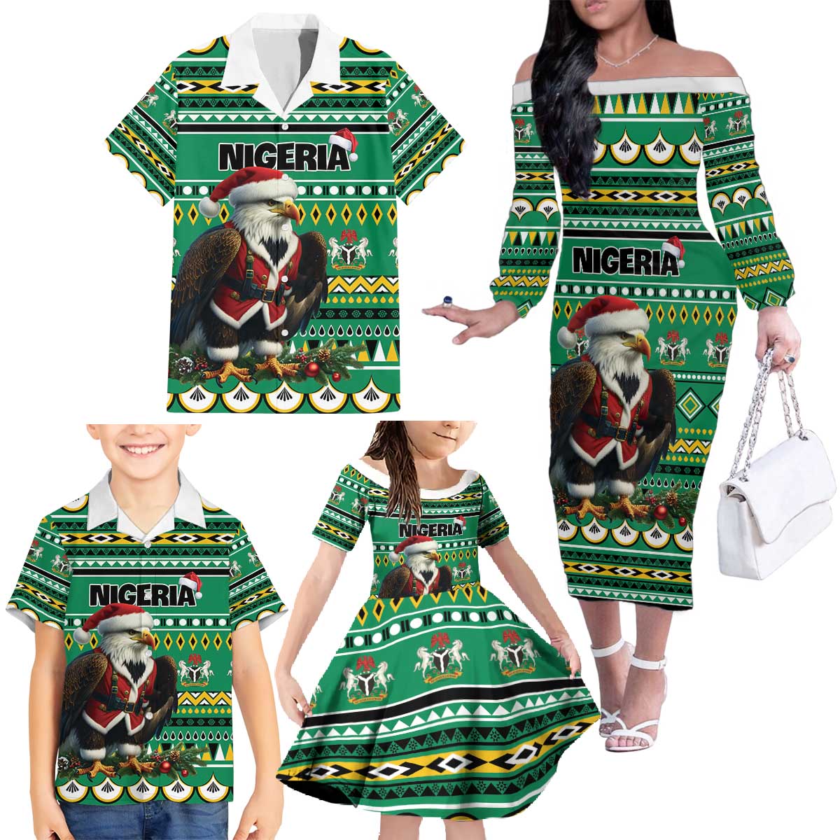 Nigeria Christmas Family Matching Off The Shoulder Long Sleeve Dress and Hawaiian Shirt Eagle Santa African Pattern - Wonder Print Shop