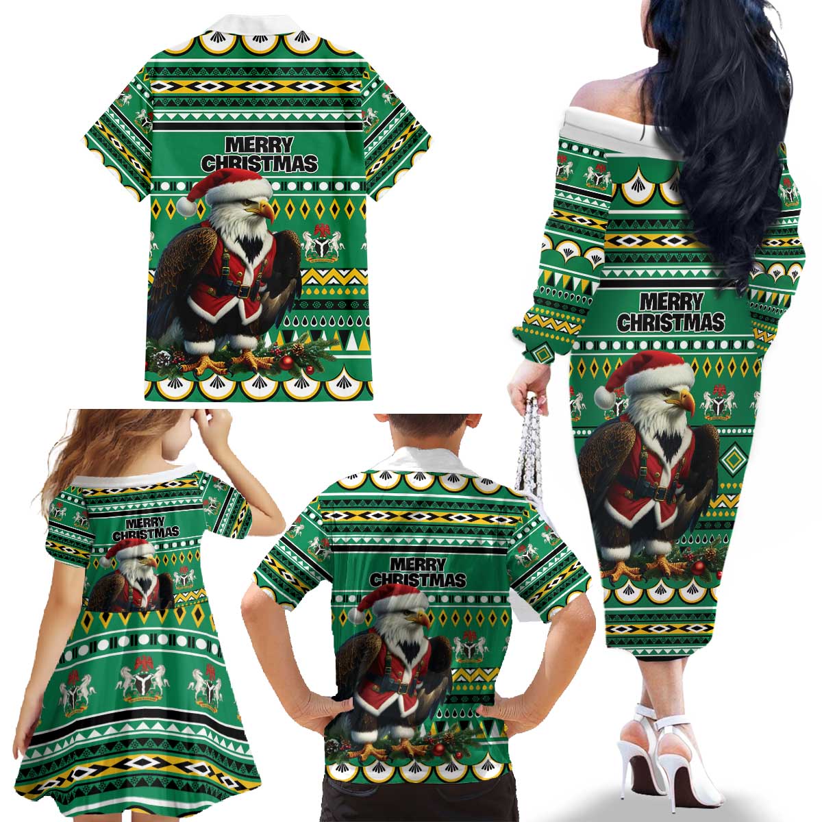Nigeria Christmas Family Matching Off The Shoulder Long Sleeve Dress and Hawaiian Shirt Eagle Santa African Pattern - Wonder Print Shop