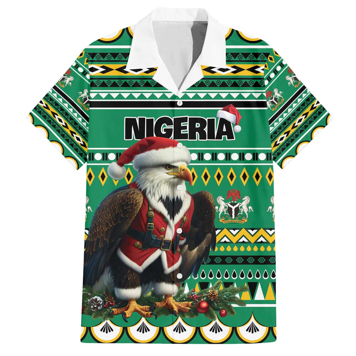 Nigeria Christmas Family Matching Off The Shoulder Long Sleeve Dress and Hawaiian Shirt Eagle Santa African Pattern - Wonder Print Shop