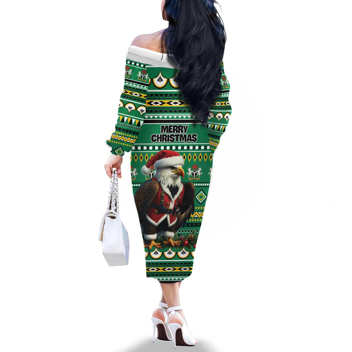 Nigeria Christmas Family Matching Off The Shoulder Long Sleeve Dress and Hawaiian Shirt Eagle Santa African Pattern - Wonder Print Shop