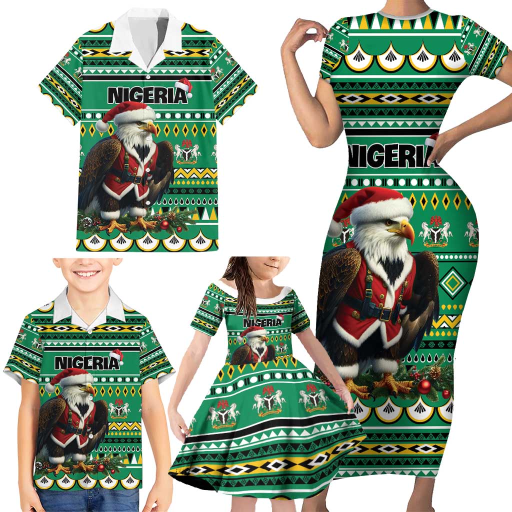Nigeria Christmas Family Matching Short Sleeve Bodycon Dress and Hawaiian Shirt Eagle Santa African Pattern - Wonder Print Shop