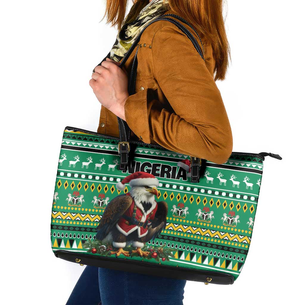 Nigeria Christmas Leather Tote Bag Eagle Santa African Pattern - Wonder Print Shop