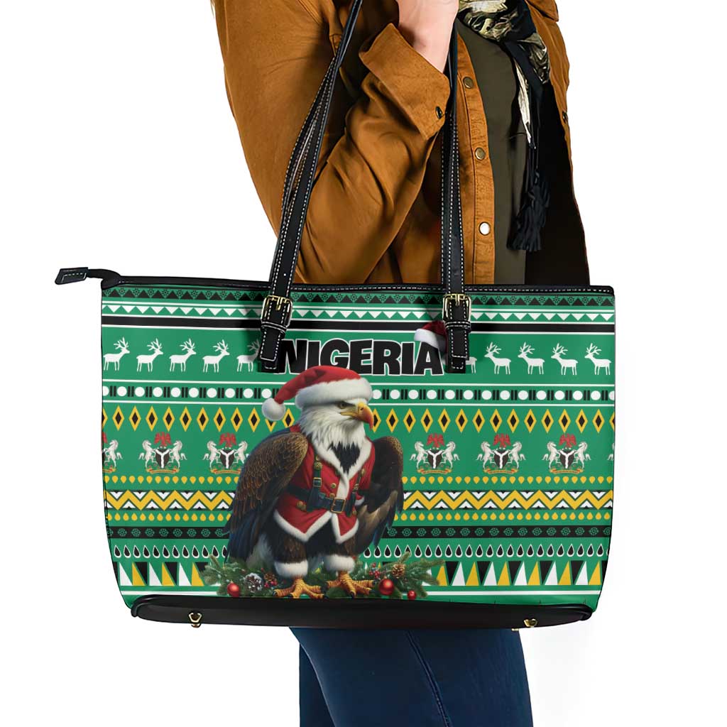 Nigeria Christmas Leather Tote Bag Eagle Santa African Pattern - Wonder Print Shop