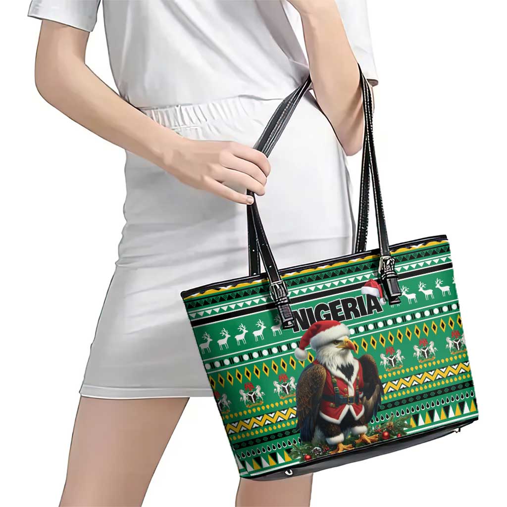 Nigeria Christmas Leather Tote Bag Eagle Santa African Pattern - Wonder Print Shop