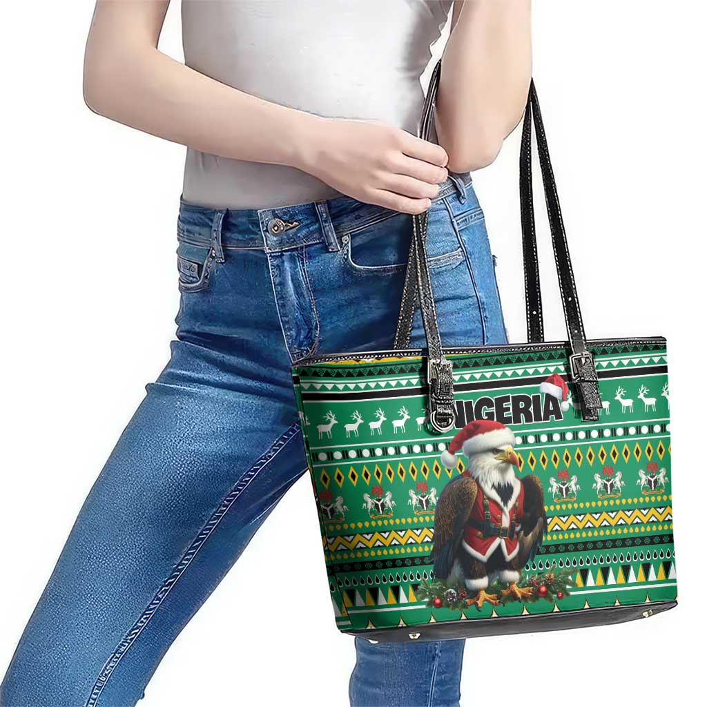 Nigeria Christmas Leather Tote Bag Eagle Santa African Pattern - Wonder Print Shop