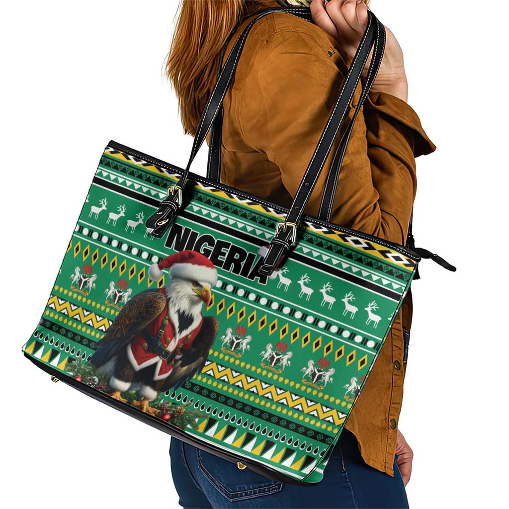 Nigeria Christmas Leather Tote Bag Eagle Santa African Pattern - Wonder Print Shop