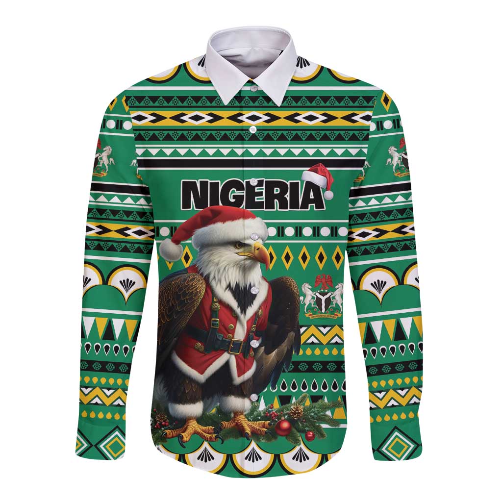 Nigeria Christmas Long Sleeve Button Shirt Eagle Santa African Pattern - Wonder Print Shop