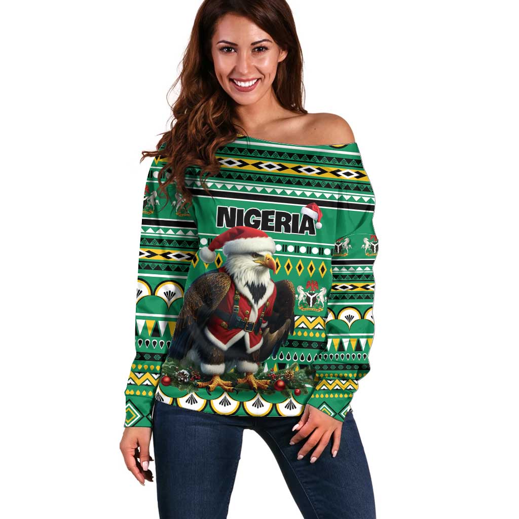 Nigeria Christmas Off Shoulder Sweater Eagle Santa African Pattern - Wonder Print Shop