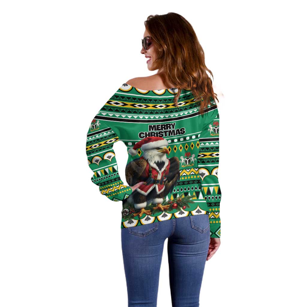 Nigeria Christmas Off Shoulder Sweater Eagle Santa African Pattern - Wonder Print Shop