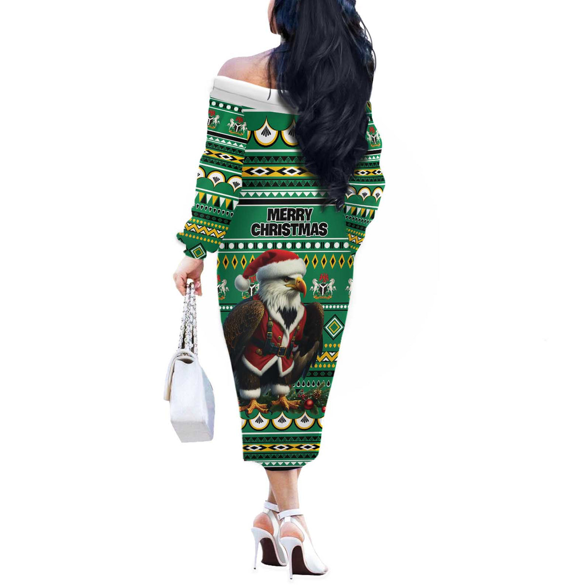 Nigeria Christmas Off The Shoulder Long Sleeve Dress Eagle Santa African Pattern - Wonder Print Shop