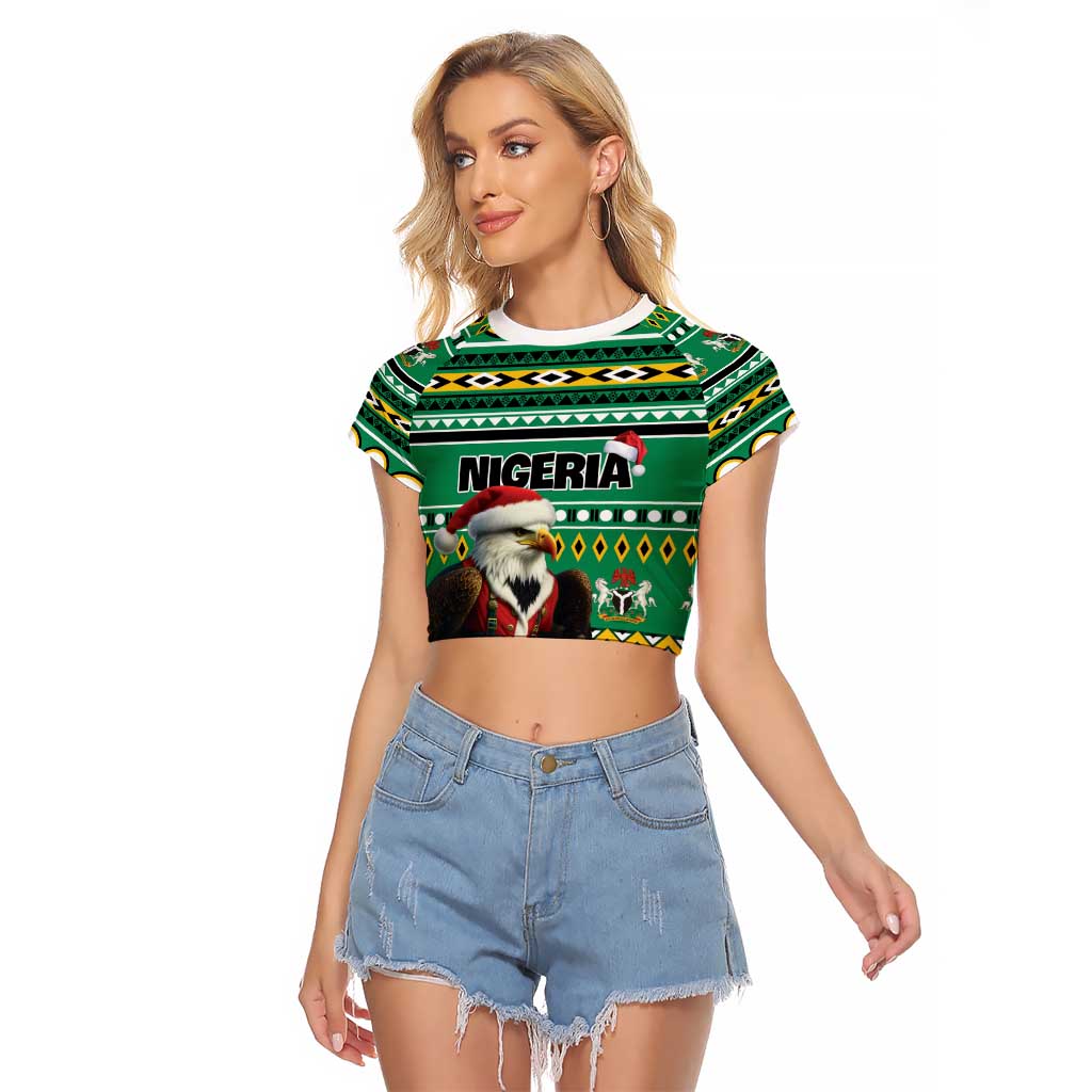 Nigeria Christmas Raglan Cropped T Shirt Eagle Santa African Pattern - Wonder Print Shop