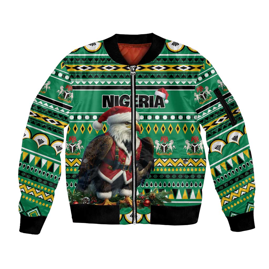 Nigeria Christmas Sleeve Zip Bomber Jacket Eagle Santa African Pattern - Wonder Print Shop
