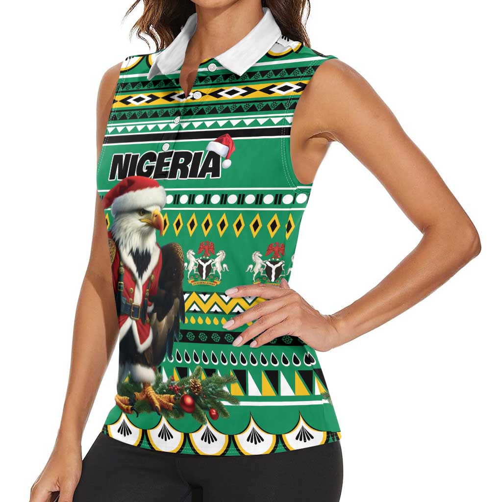 Nigeria Christmas Women Sleeveless Polo Shirt Eagle Santa African Pattern - Wonder Print Shop