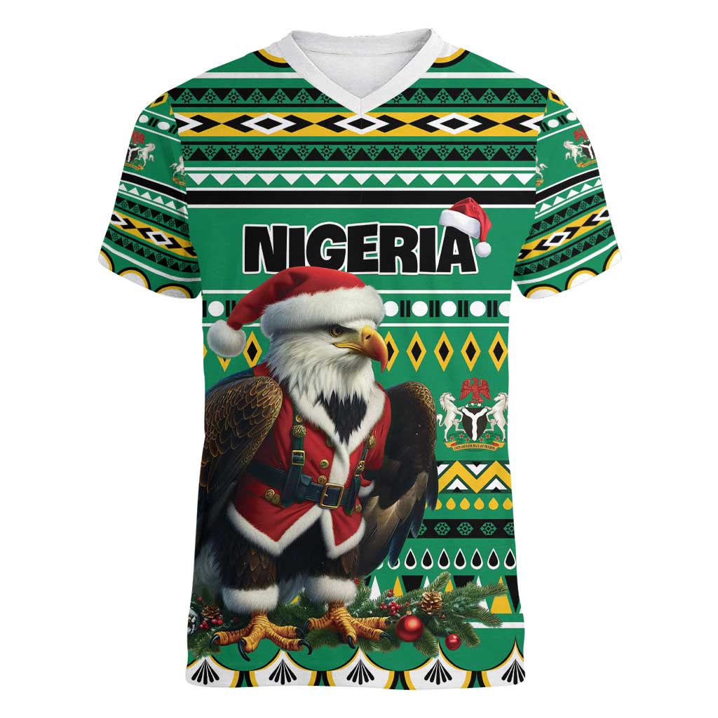 Nigeria Christmas Women V-Neck T-Shirt Eagle Santa African Pattern - Wonder Print Shop