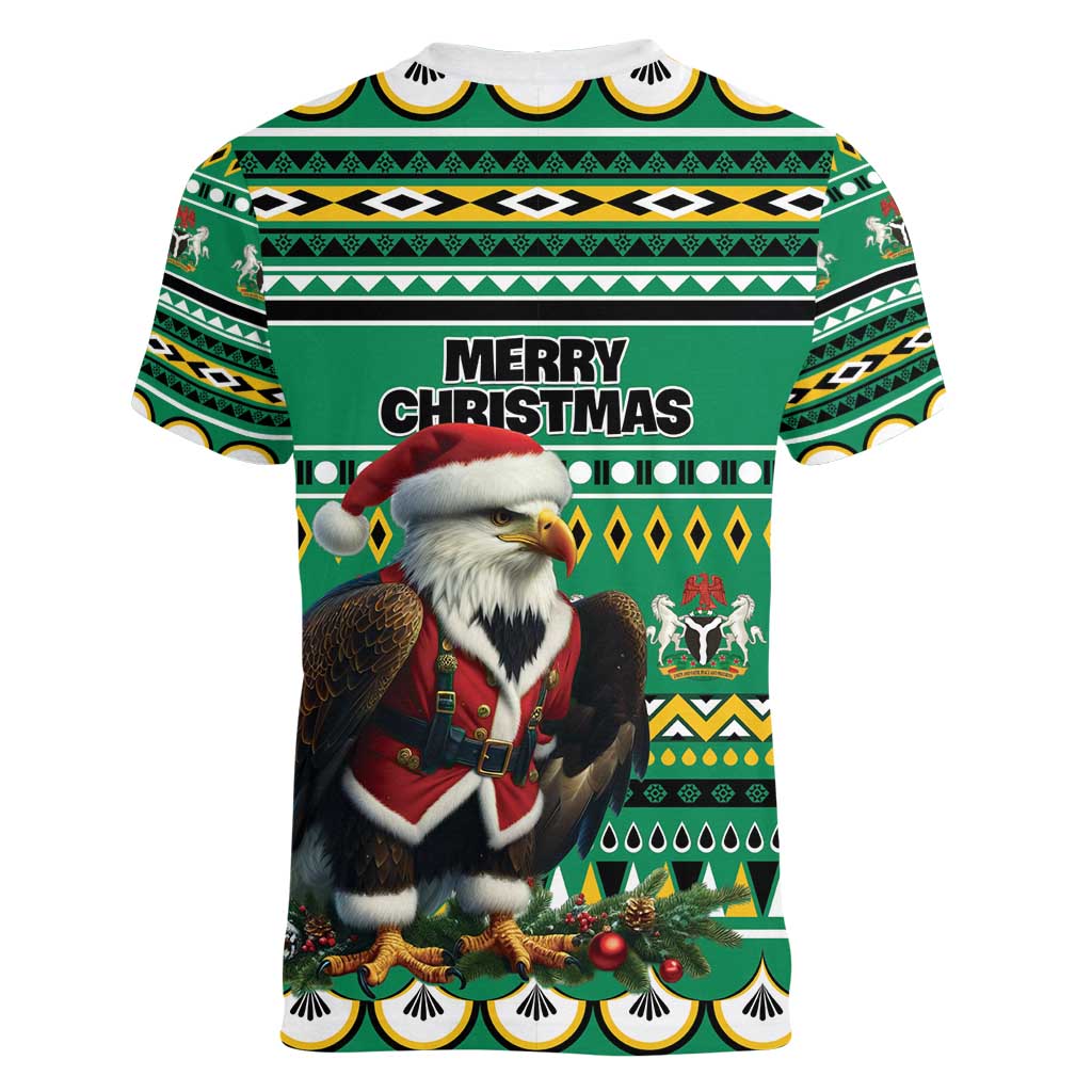 Nigeria Christmas Women V-Neck T-Shirt Eagle Santa African Pattern - Wonder Print Shop