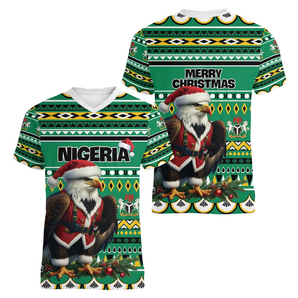 Nigeria Christmas Women V-Neck T-Shirt Eagle Santa African Pattern - Wonder Print Shop