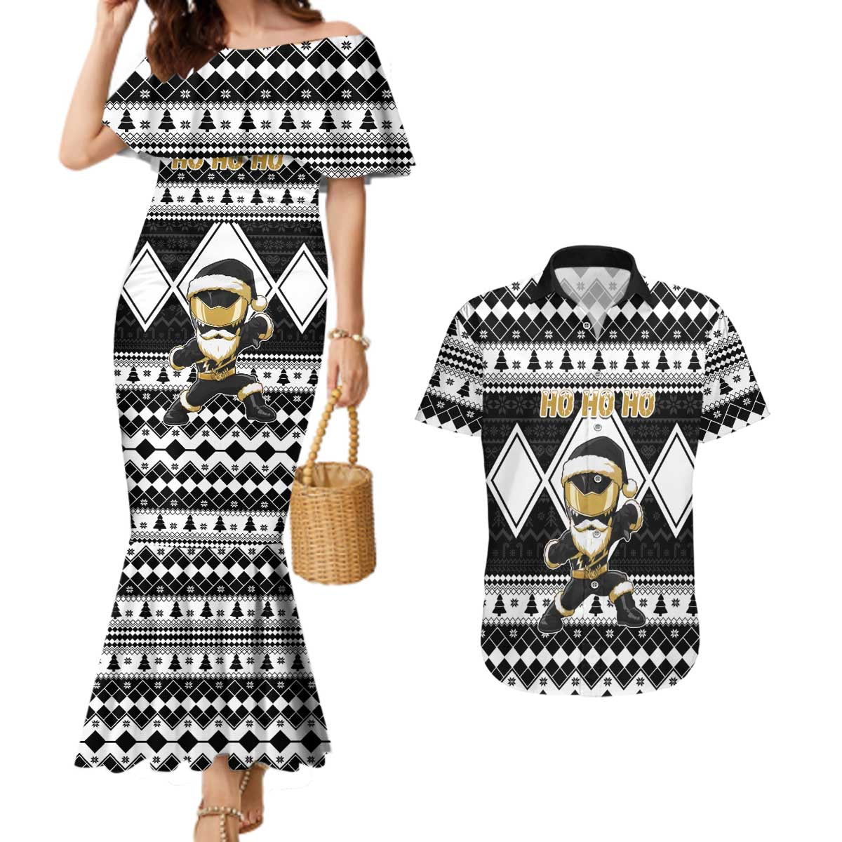 Personalized Power Black Ranger Santa Claus Couples Matching Mermaid Dress and Hawaiian Shirt Funny Christmas - Wonder Print Shop