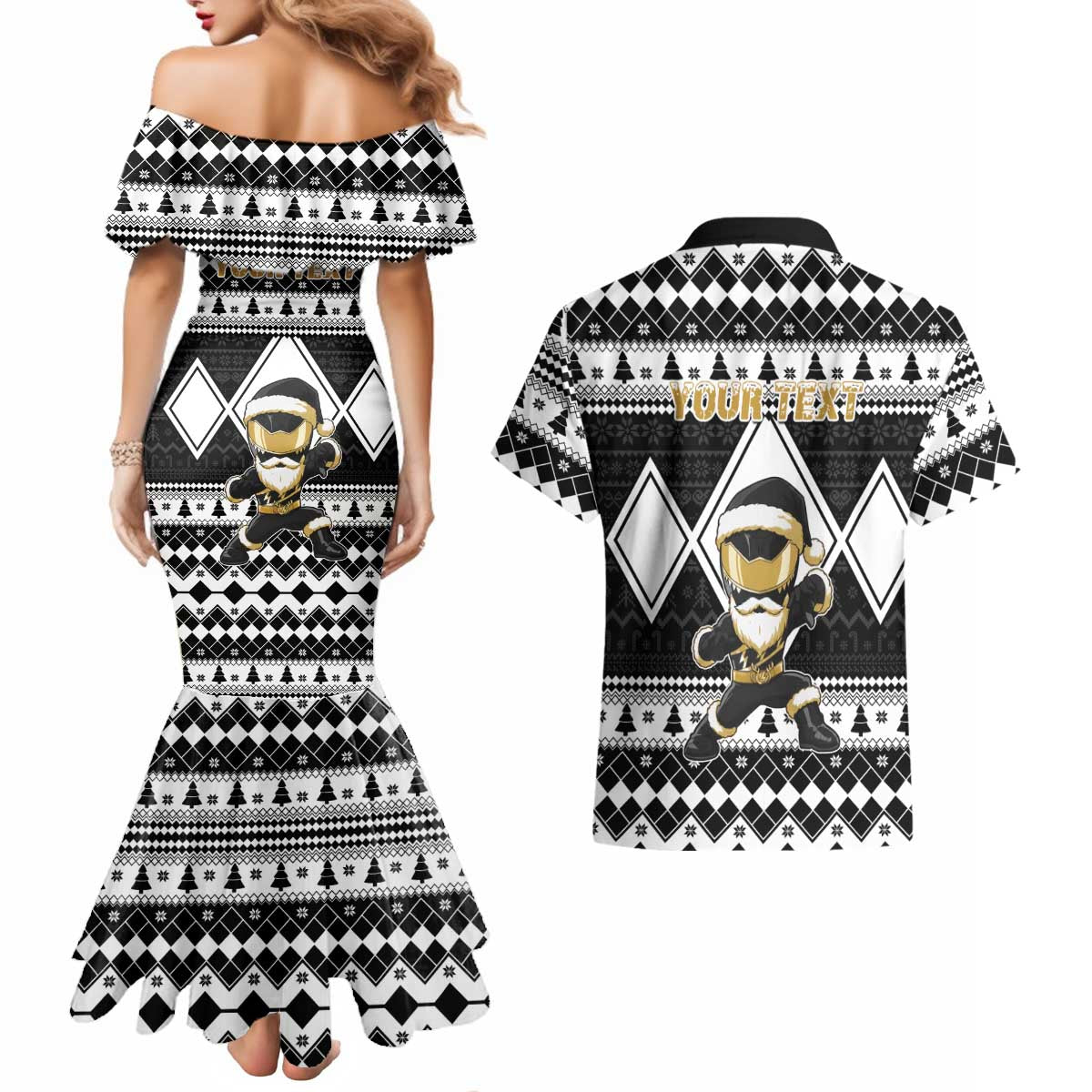 Personalized Power Black Ranger Santa Claus Couples Matching Mermaid Dress and Hawaiian Shirt Funny Christmas - Wonder Print Shop