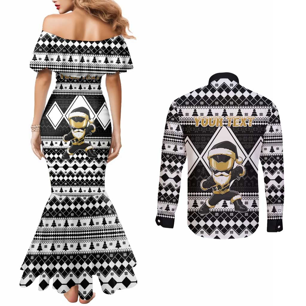 Personalized Power Black Ranger Santa Claus Couples Matching Mermaid Dress and Long Sleeve Button Shirt Funny Christmas - Wonder Print Shop