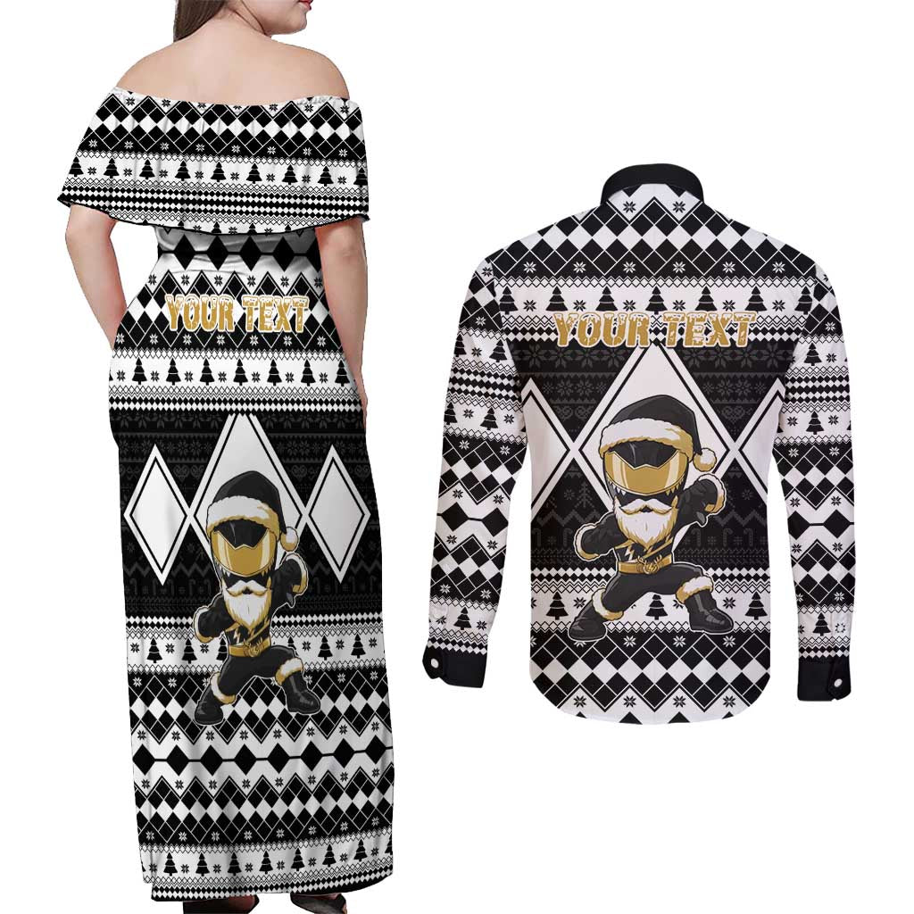 Personalized Power Black Ranger Santa Claus Couples Matching Off Shoulder Maxi Dress and Long Sleeve Button Shirt Funny Christmas - Wonder Print Shop