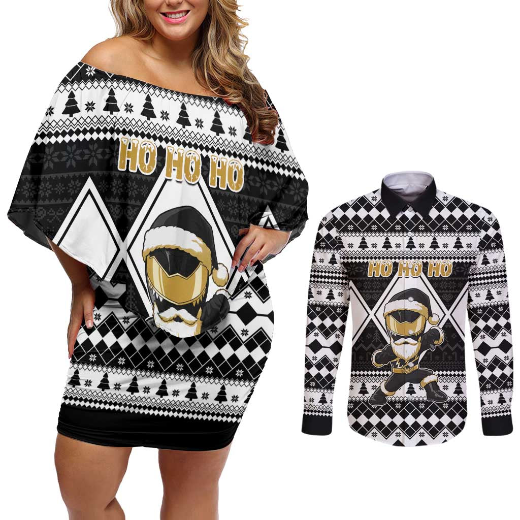 Personalized Power Black Ranger Santa Claus Couples Matching Off Shoulder Short Dress and Long Sleeve Button Shirt Funny Christmas - Wonder Print Shop