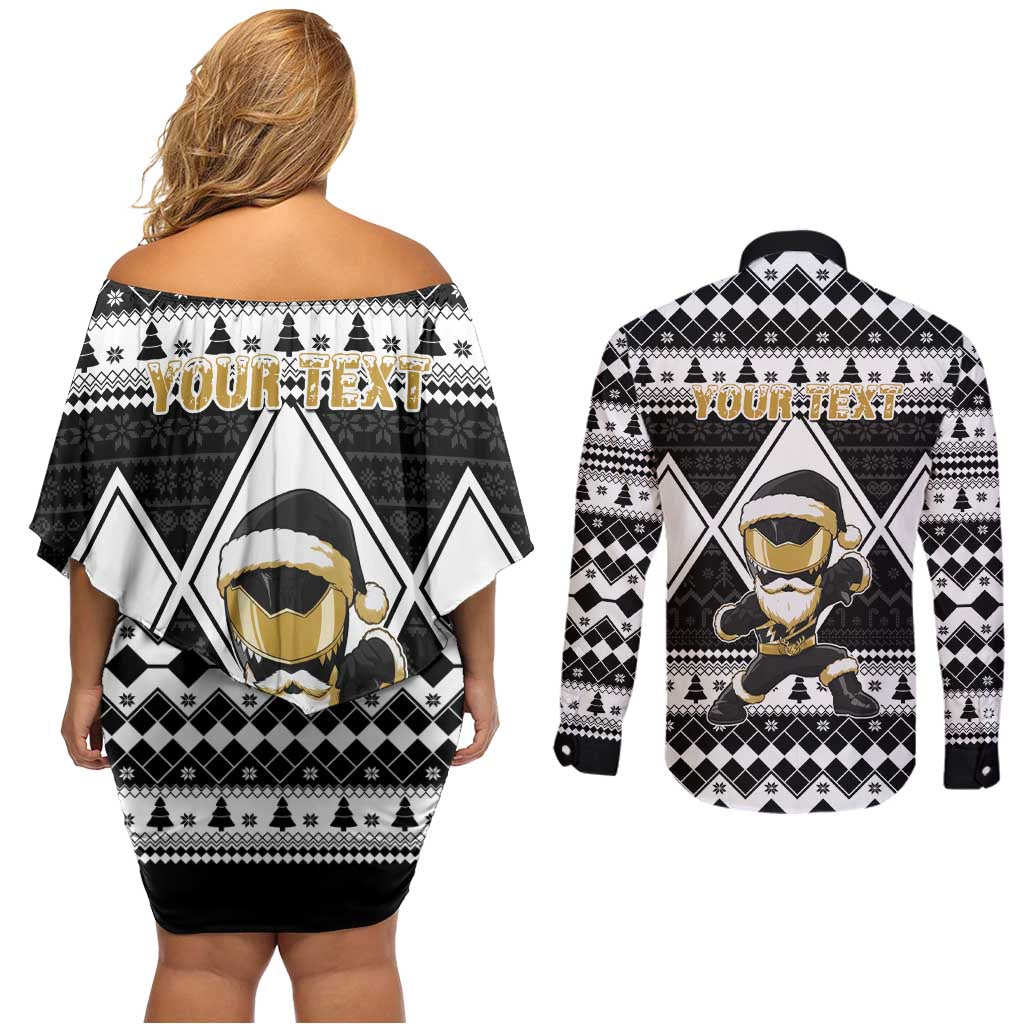 Personalized Power Black Ranger Santa Claus Couples Matching Off Shoulder Short Dress and Long Sleeve Button Shirt Funny Christmas - Wonder Print Shop