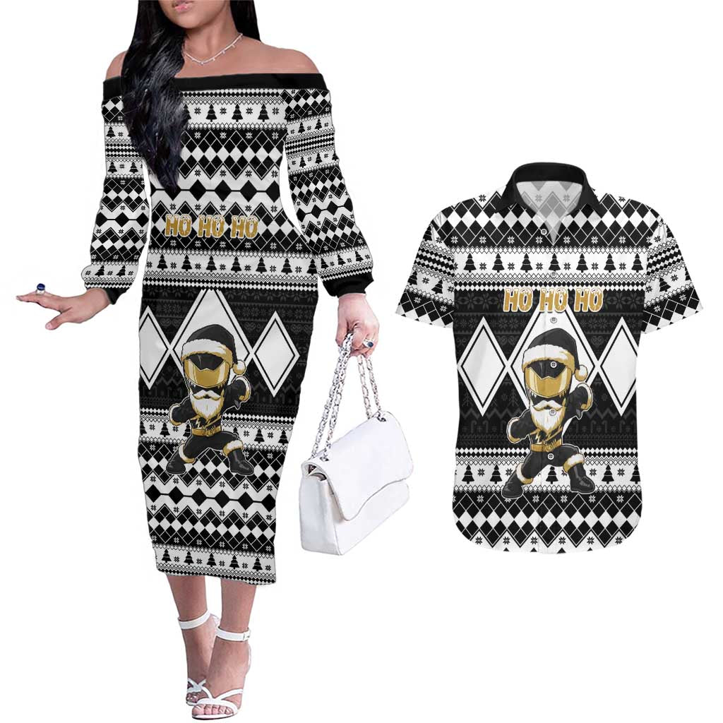 Personalized Power Black Ranger Santa Claus Couples Matching Off The Shoulder Long Sleeve Dress and Hawaiian Shirt Funny Christmas - Wonder Print Shop