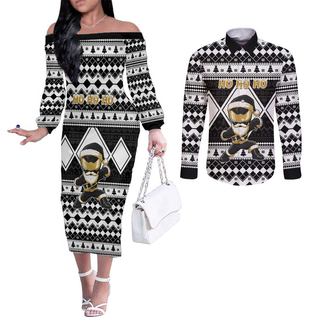 Personalized Power Black Ranger Santa Claus Couples Matching Off The Shoulder Long Sleeve Dress and Long Sleeve Button Shirt Funny Christmas - Wonder Print Shop
