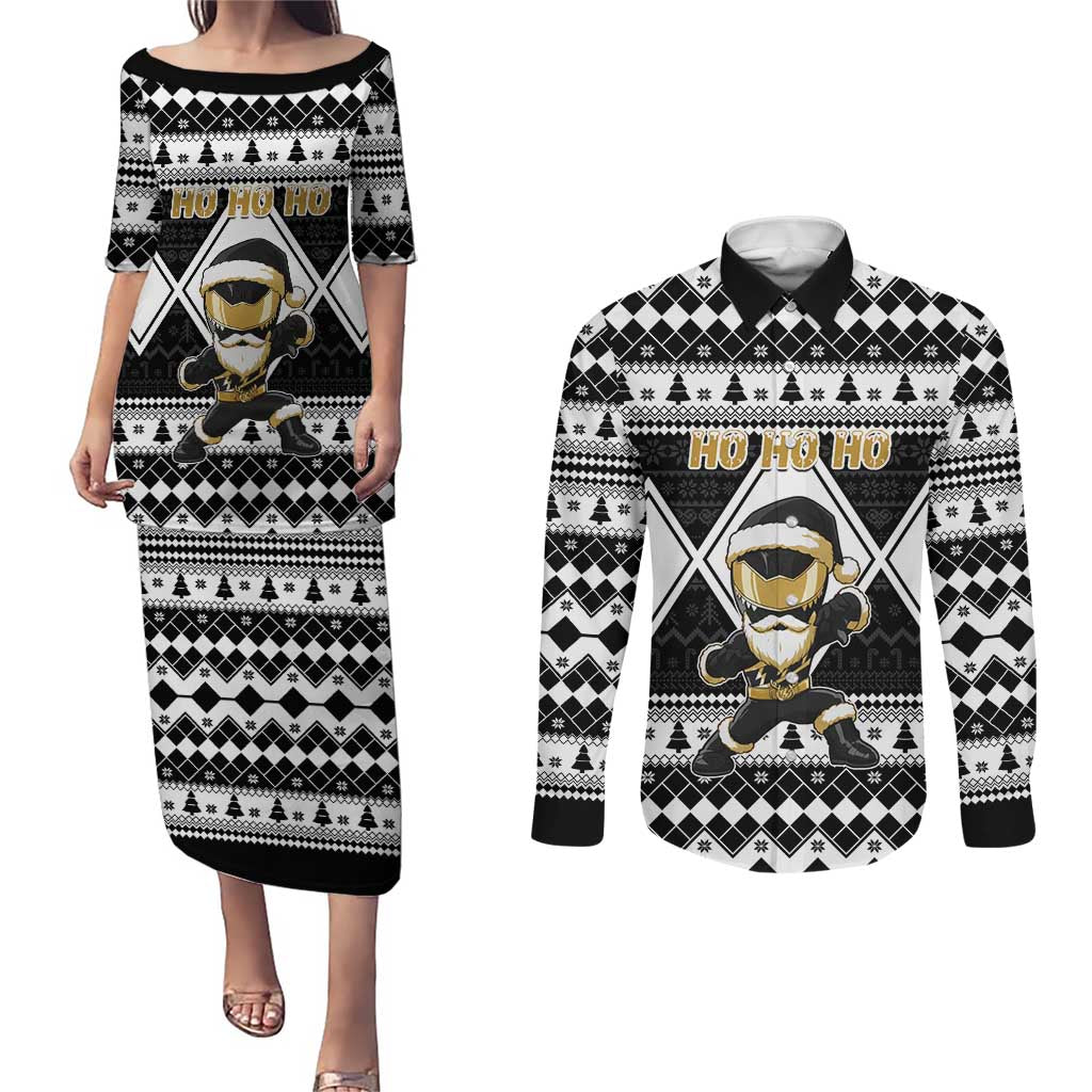 Personalized Power Black Ranger Santa Claus Couples Matching Puletasi and Long Sleeve Button Shirt Funny Christmas - Wonder Print Shop