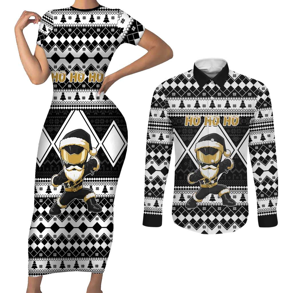 Personalized Power Black Ranger Santa Claus Couples Matching Short Sleeve Bodycon Dress and Long Sleeve Button Shirt Funny Christmas - Wonder Print Shop