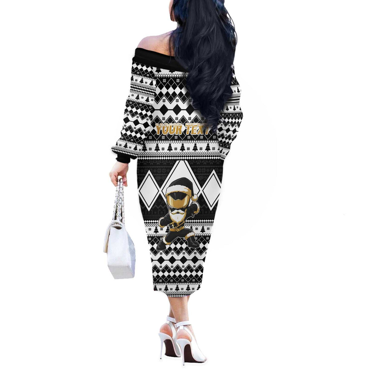 Personalized Power Black Ranger Santa Claus Off The Shoulder Long Sleeve Dress Funny Christmas - Wonder Print Shop
