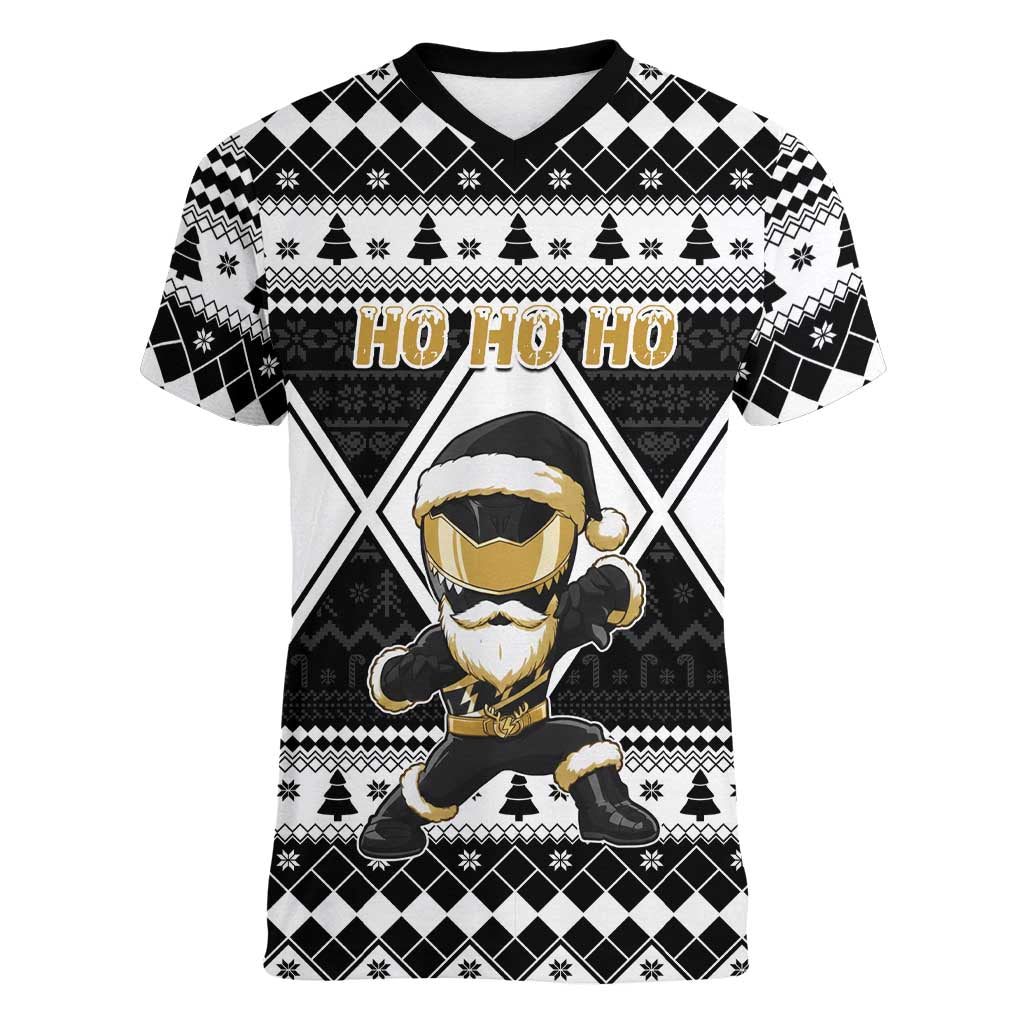 Personalized Power Black Ranger Santa Claus Women V-Neck T-Shirt Funny Christmas - Wonder Print Shop