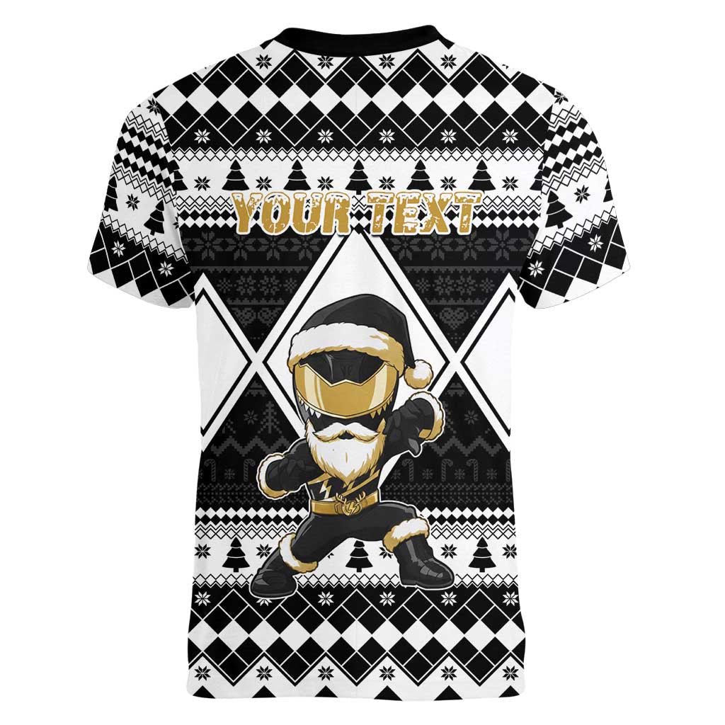 Personalized Power Black Ranger Santa Claus Women V-Neck T-Shirt Funny Christmas - Wonder Print Shop