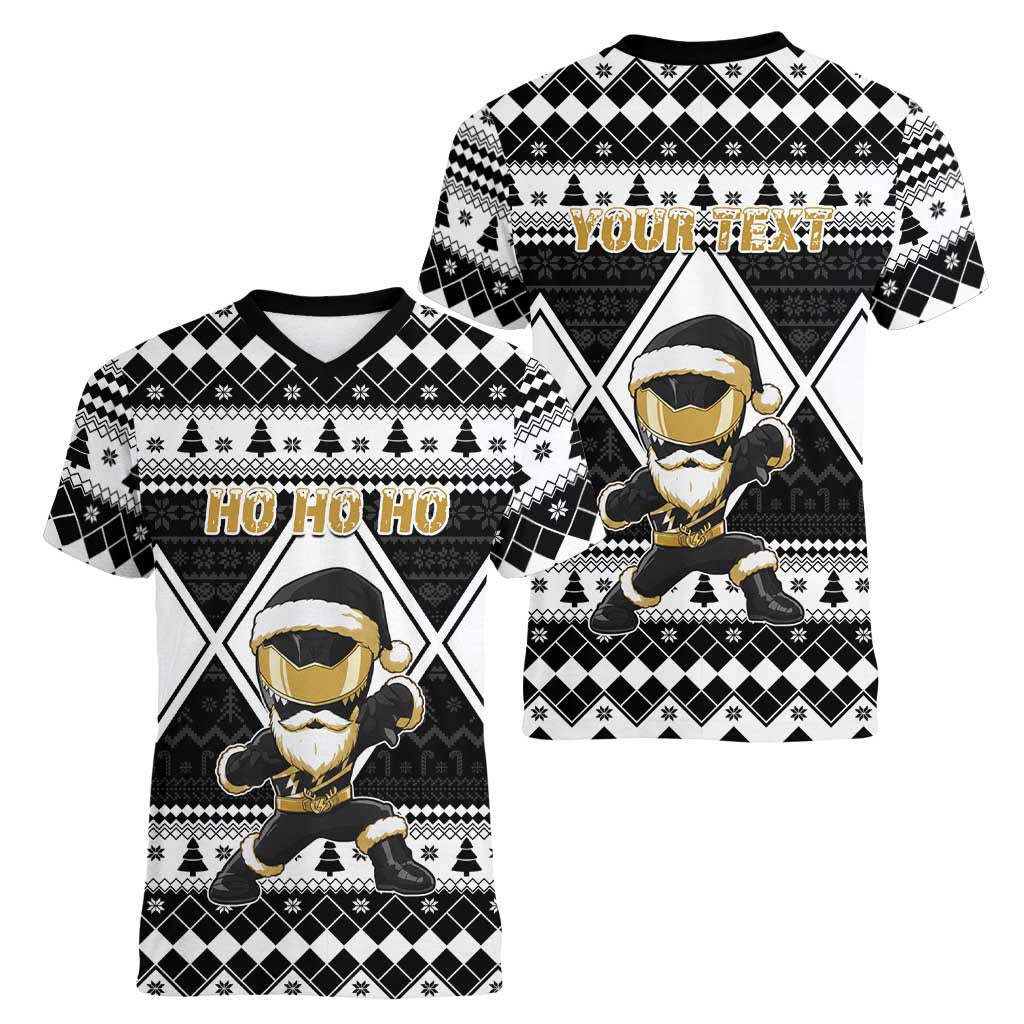 Personalized Power Black Ranger Santa Claus Women V-Neck T-Shirt Funny Christmas - Wonder Print Shop