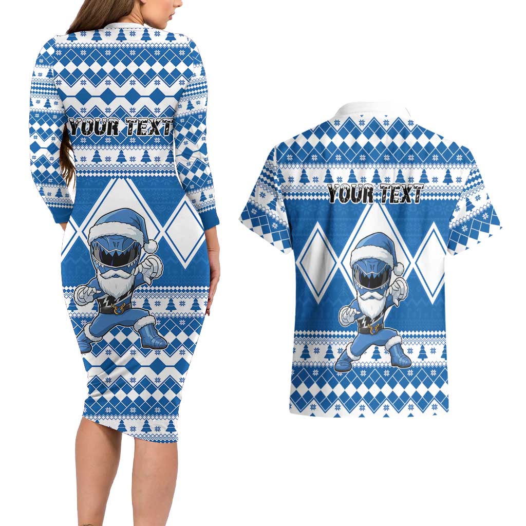 Personalized Power Blue Ranger Santa Claus Couples Matching Long Sleeve Bodycon Dress and Hawaiian Shirt Funny Christmas - Wonder Print Shop