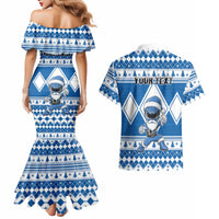 Personalized Power Blue Ranger Santa Claus Couples Matching Mermaid Dress and Hawaiian Shirt Funny Christmas - Wonder Print Shop