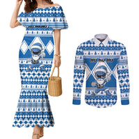 Personalized Power Blue Ranger Santa Claus Couples Matching Mermaid Dress and Long Sleeve Button Shirt Funny Christmas - Wonder Print Shop